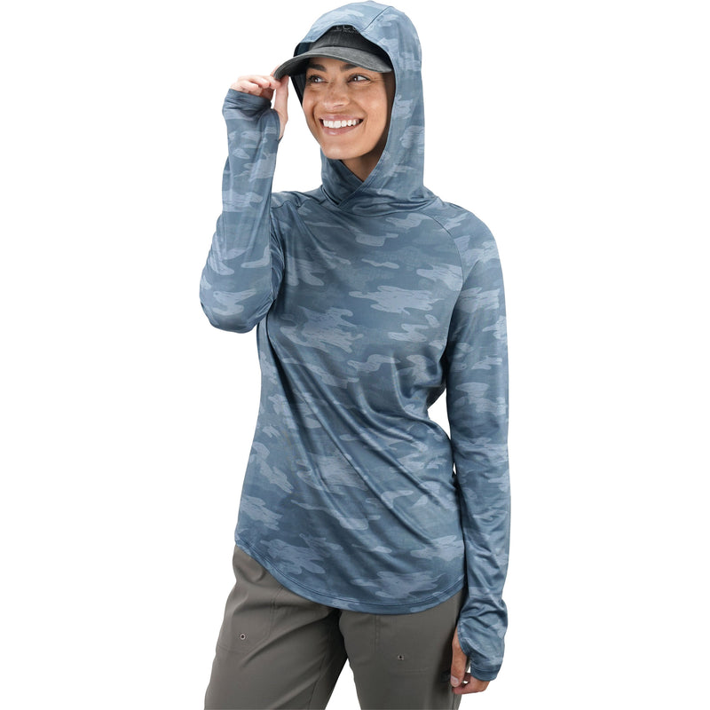 AFTCO Women's Tactical Camo Hooded LS Performance Shirt / Slate Blue Blur Camo / L